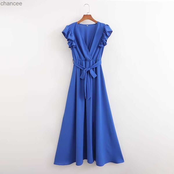 Grundlegende Freizeitkleider Blau V-Ausschnitt Rüschen Gürtel Kleid Sommer Trafing 2023 Frauen Y2King Vadiming Robe Maxi Midi Lolita Sexy Partykleid XSW3311 LST230904