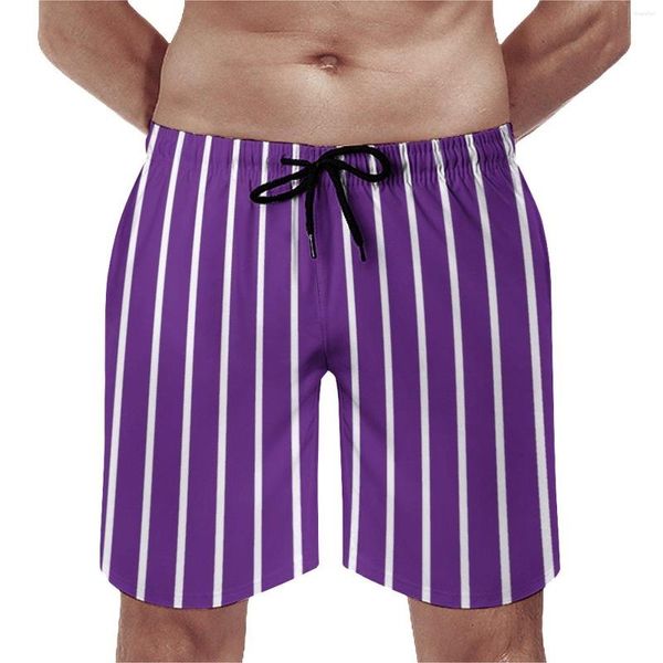 Shorts Masculinos Roxo e Branco Listrado Casual Troncos de Natação Listras Imprimir Homens Secagem Rápida Esportes Oversize Beach