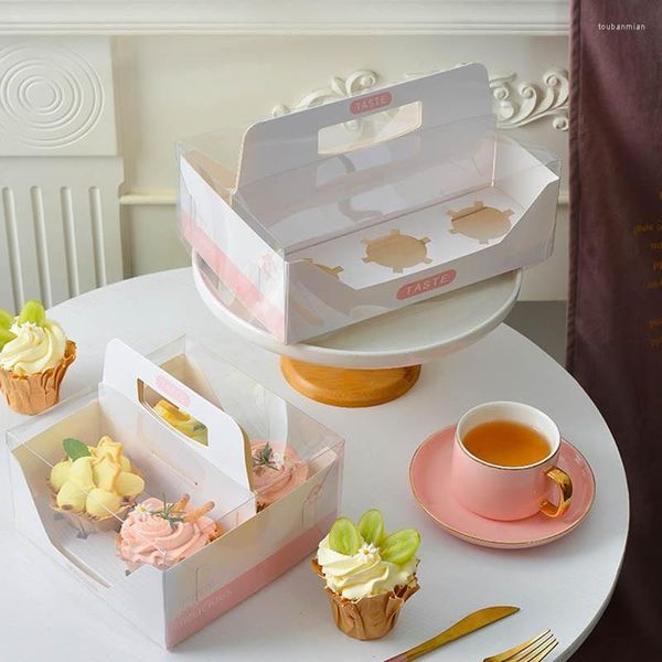 Gift Wrap 10pcs Clear Window Cupcake Boxes For 4/6 Cups Cakes With Handle Christmas Birthday Party Food Takeaway Box