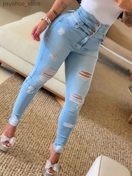 Jeans para mujer Jeans para mujer Tendencia Otoño 2023 Moda Cintura alta Recorte con botones Rasgado Casual Flaco Diseño de bolsillo liso Jeans diarios Q230904