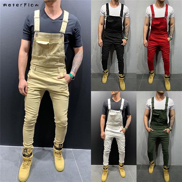 2019 Mode Retro Design Schlank Schwarz Blau Denim Overall Zerrissene Baumwolle Jeans Denim Strampler Jeans Männliche Latzhose Overall Jean Pants316n