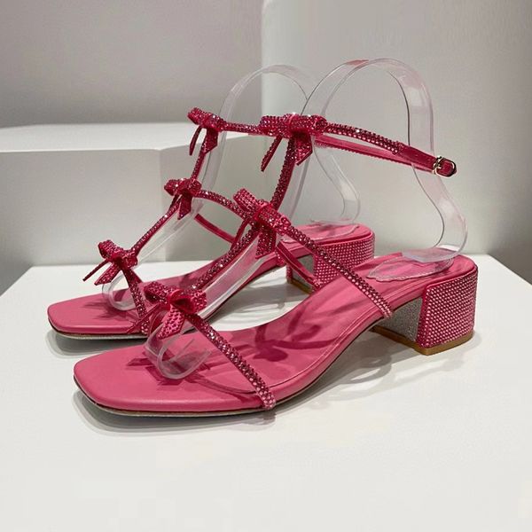 Rene Caovilla Bowties Chunky Heel Strass Sandália Cristal Embelezado Sapatos de Noite Rosa Mulheres Sandálias Designers de Luxo Vestido Sapato Ankle Strap Calçado de Fábrica
