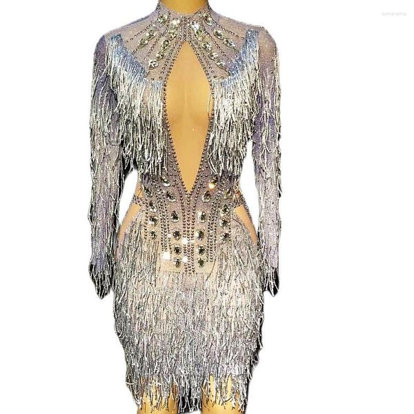 Abbigliamento da palco Mini abito scintillante con strass Frange glitterate Costume da spettacolo per discoteca da donna Compleanno Festeggia spettacolo di festa