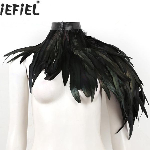 Lenços Adulto Punk Gótico Capa Real Black Feather Shrug Top Xaile Um Ombro Capa Asas Gargantilha Colar para Festa Halloween Rave Traje 230904