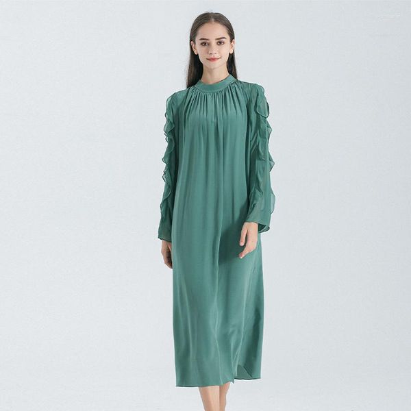 Повседневные платья, зеленый крепдешин, шелковый воротник-стойка, жоржет, женское свободное прямое платье с длинными рукавами, осень AE1782