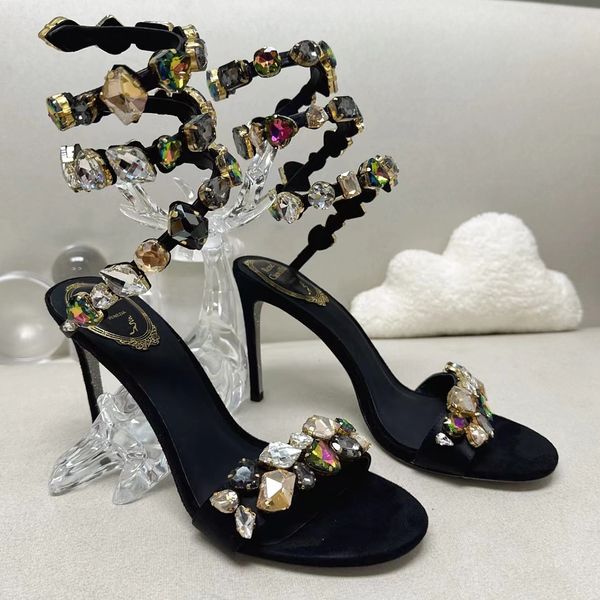 A114 Salto Alto Rene Caovilla Sandálias Moda Strass Decoração Designer Sapatos 9.5cm Saltos Mulheres Cetim Cobra Envolto Borboleta Flor Aberta Para S