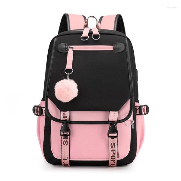 Schultaschen Yunfang Groß für Mädchen im Teenageralter USB-Anschluss Canvas Schultasche Student Büchertasche Mode Schwarz Teen Rucksack