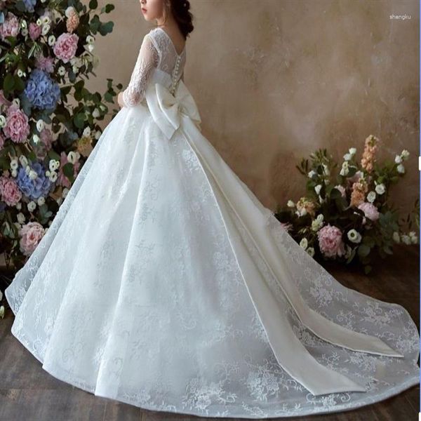 Abiti da ragazza Fiore Abito da damigella d'onore per bambini per abito in tulle di pizzo floreale a maniche lunghe Appqulies Matrimonio per la prima comunione