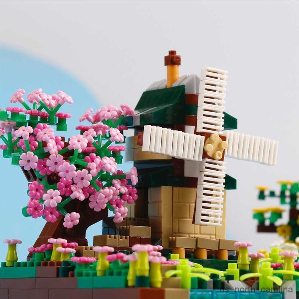 Blocos de quatro estações micro street view sakura moinho de vento blocos de construção árvore de pescador montar brinquedos para crianças menino r230904