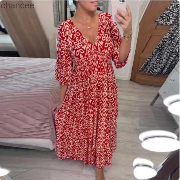 Vestidos casuais básicos outono cintura elástica vestido longo para mulheres 2023 casual com decote em v solto vestido de festa mulher impresso boêmio praia maxi vestido feminino lst230904