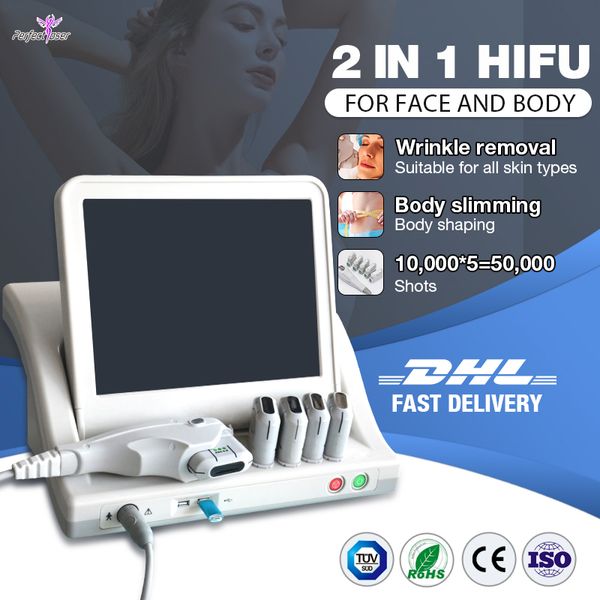 Macchina HIFU portatile 2 in 1 Ultrasuoni focalizzati ad alta intensità Lifting del viso Corpo che dimagrisce Rimozione delle rughe Dispositivo di bellezza Salone Uso domestico