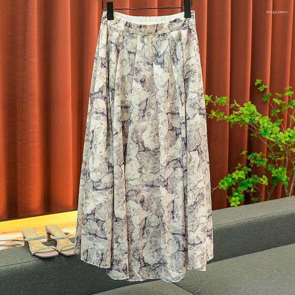 Saias moda temperamento de cintura alta micro-elástica impressão plissada saia feminina commuter casual diário versátil longo outono
