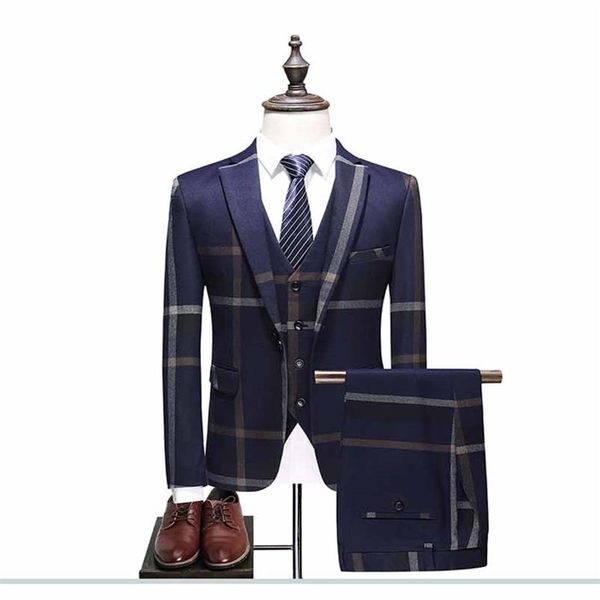 3 pezzi Giacca Gilet Pantalone Custom Made Nevy Blu Abiti da uomo Abito su misura da sposa Uomo Slim Fit Plaid Business Tuxedo2267