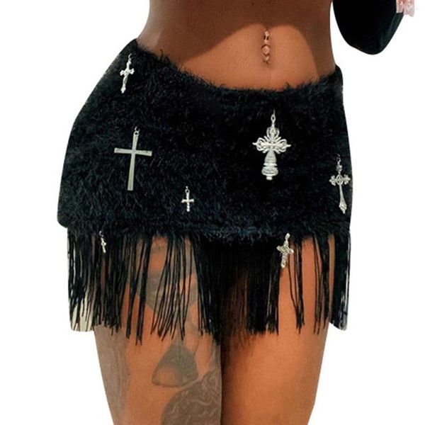 Etekler Bayan Moda Kolye Saçak Sahte Kürk Gotik Punk Tassel Mini Gece Kulübü Kıyafet Cadılar Bayramı Partisi Cosplay Kostüm