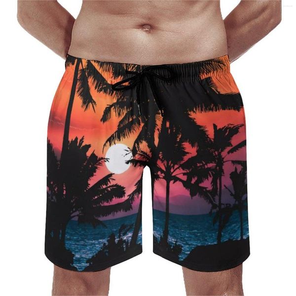 Shorts masculinos Tropical Palm Tree Board Rosa Laranja Sunset Clássico Curto Elástico Cintura Oversize Troncos de Natação