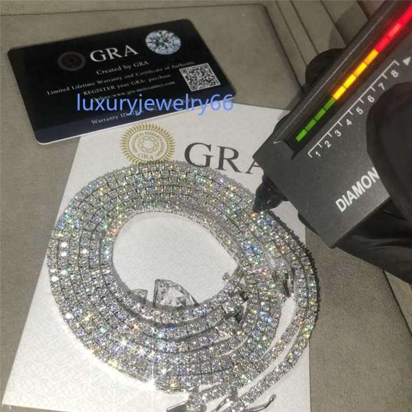 Gra Hip Hop 2,0 mm-6,5 mm Vvs Moissanit Mossinate Tenniskette Diamant 925 Silber Gold Iced Out plattierte Halsketten