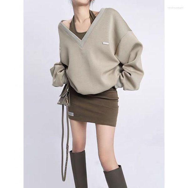 Felpe con cappuccio da donna Maglione primaverile e autunnale Donna Scollo a V Spalle scoperte Stile pigro Top allentato Pullover grigio moda Modelli all-match