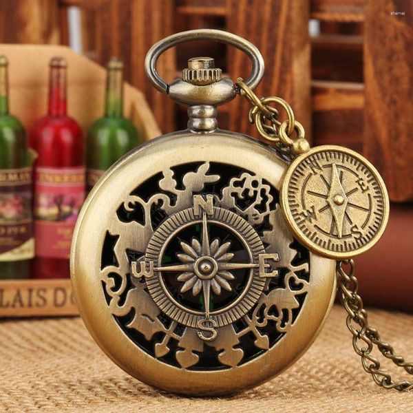 Карманные часы, бронзовый полый узор, винтажный компас, красный и белый указатель, циферблат, ожерелье, цепочка с аксессуарами