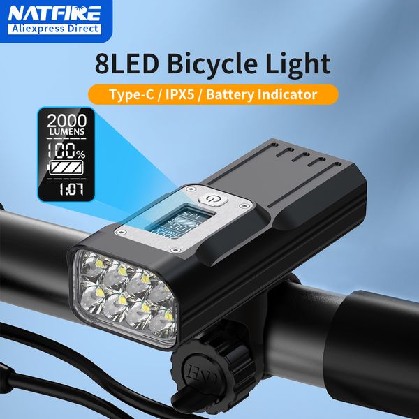 Luci per bici NATFIRE Potente luce per bici Display OLED 10000mAh Ricaricabile Faro per bicicletta Torcia Type-C Ricarica 2000LM Lampada 230904