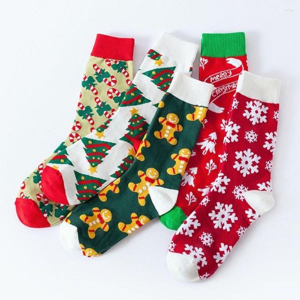 Женские носки, милая рождественская елка, хлопковые чулочно-носочные изделия, дышащие снежинки, корейский стиль, средняя трубка