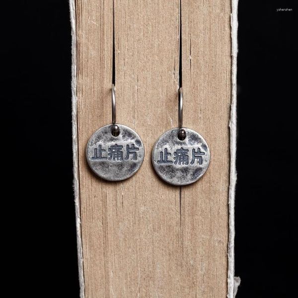 Dangle Brincos Único Personagem Chinês Real 925 Sterling Silver Round Drop Presentes Night Club Rock Vintage Hip Hop Orelha Jóias