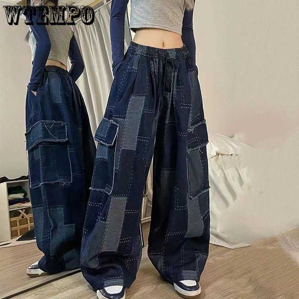 Jeans femininos vintage baggy jeans mulher japonesa chique perna larga calças vintage retalhos xadrez bolso calças streetwear y2k roupas comprimento total q230904