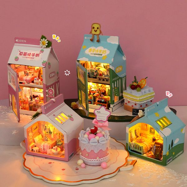 Puppenhaus-Zubehör, DIY Mini-Kuchen, Schlafzimmer, Puppenhaus, Erdbeere, Banane, Milch, Casa, Puppenhaus, Miniatur-Bausätze, Spielzeug, Geburtstagsgeschenke für Kinder, 230901