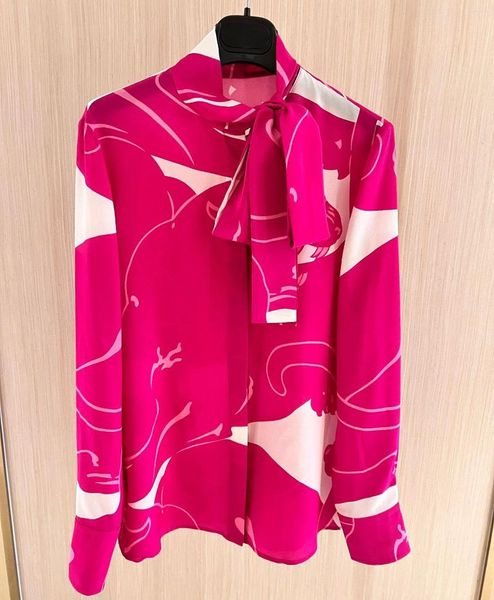 Camisetas femininas 2023 marca de moda seda rosa leopardo impressão manga longa camisa designer para mulheres