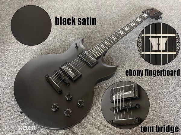 E -Gitarre Solid schwarze Satin schwarze Teile HH -Tonaufhole schwarze Ringe Tom Bridge und Stop Schwanz Ebony Fingerplatte ohne Bindung