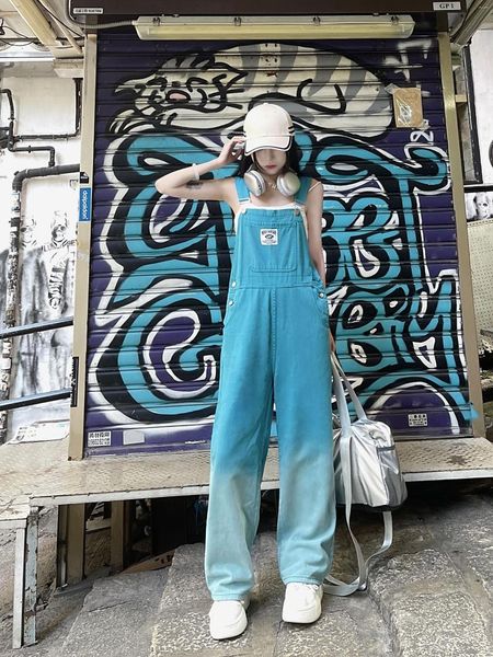 Damenjeans American Retro Frauen Farbverlauf Jumpsuits Hellblau Breites Bein Hosenträger Vielseitig Weiblich Lässig Denim Overall 2023 Herbst