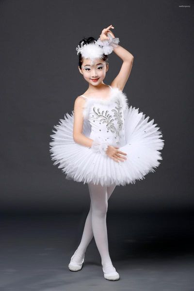 Abbigliamento da palcoscenico Abito da balletto con diamanti bianchi Costume da lago dei cigni per ragazze Tutu Body Dancewear Costumi per bambini