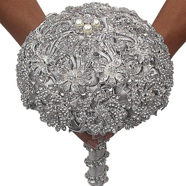 2019 luxuoso buquê de broche de cristal marfim cinza cristal miçangas buquê de flores de casamento de cetim buquês de noiva acessórios de casamento3334