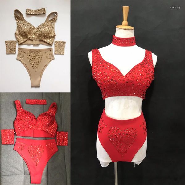 Stage Wear Strass Bikini Set Sexy DJ Pole Dancing Costume Nightclub Bar Dancer Crystal Party Rave Performance Outfit Vermelho