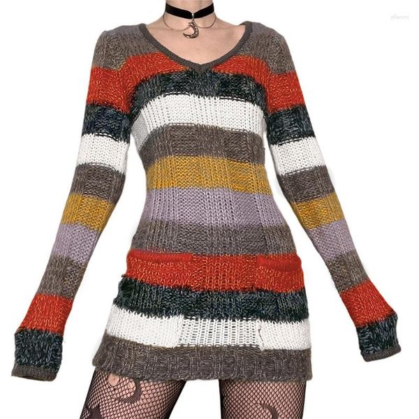 Maglioni da donna Pullover con scollo a V Righe colorate Tasca con giunture Manica lunga Abito avvolgente sui fianchi Stile retrò europeo e americano Vestibilità slim sexy