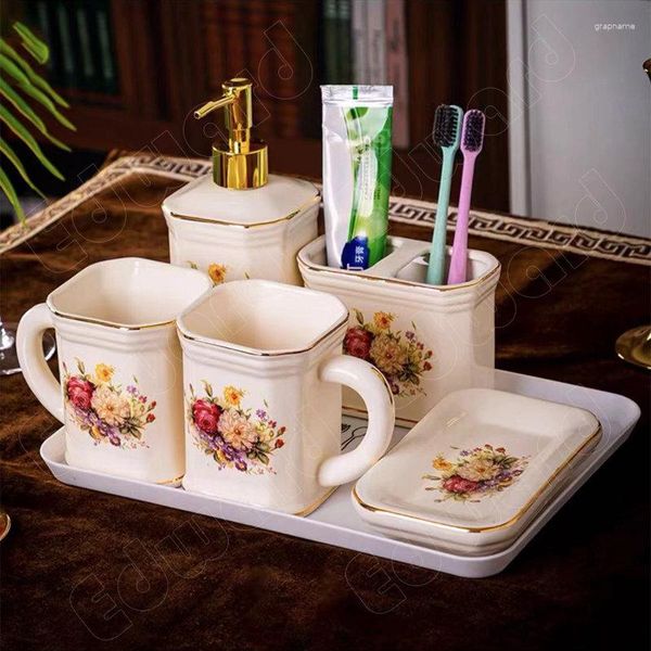 Set di accessori per il bagno Accessori per la doccia Lavaggio e risciacquo in ceramica Bagno in 5 pezzi Set di tazze per bocca spazzolino in stile europeo per la casa