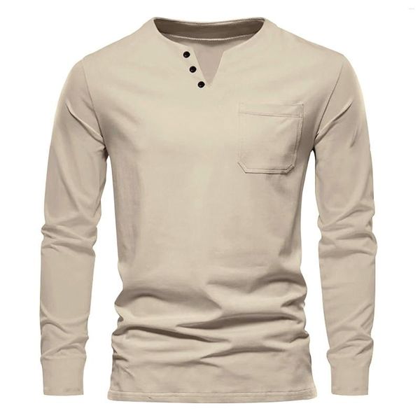 T-shirt da uomo T-shirt da uomo Tasca per uomo Sport all'aria aperta Fitness Maniche lunghe Henley-Shirt Bottom Top Estetica T-shirt maschile Stile retrò