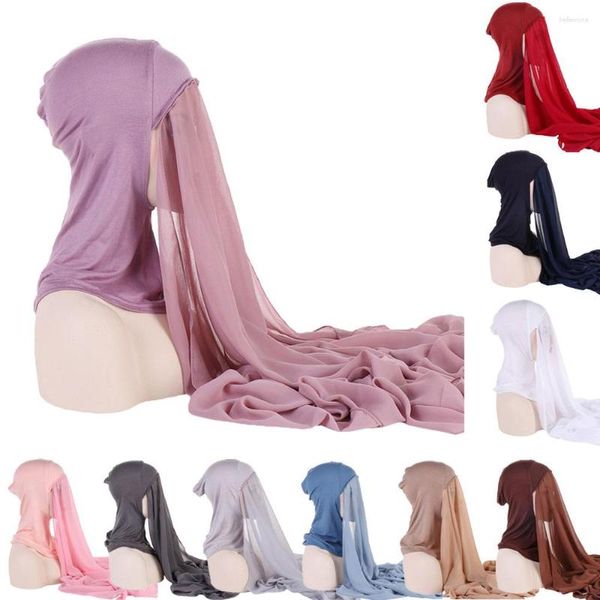 Roupas étnicas Plain Chiffon Instant Hijab com Modal Interno Cap Jersey Algodão Hijabs Mulher Véu Muçulmano Macio Lenço Islâmico Capa Bonnet