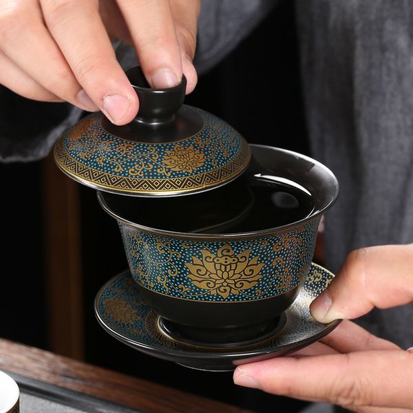 Teetassen, chinesisches Teeset, klassische Gaiwan-Terrine aus schwarzem Ton, 180 ml, Deckel, Schüssel, Untertasse, traditionelle handgemachte Brautasse 230901