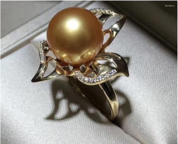 Anelli a grappolo Massiccio anello con perla rotonda in oro naturale autentico del Mar Cinese Meridionale da 10-11 mm 925S