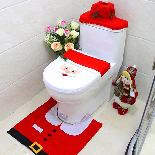 Toilettensitzbezüge, 3 Stück, Weihnachtsdeckel, Abdeckung, Teppich, niedlicher Cartoon-Weihnachtsmann, Schneemann, Elch, Elfe, Dekorationen, Badezimmerprodukte