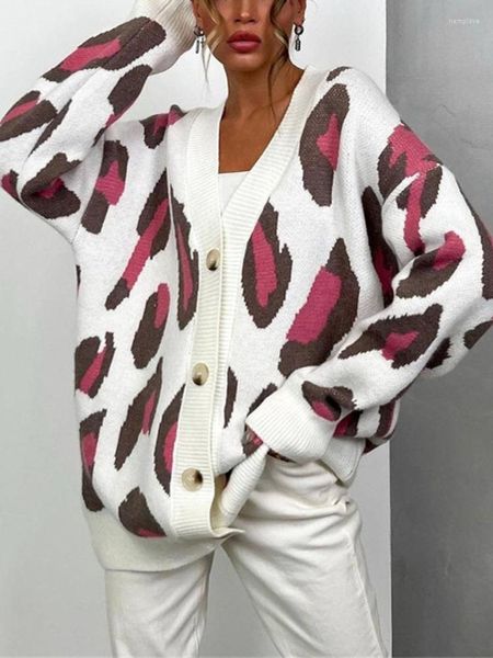 Malhas femininas leopardo cardigan malha jacquard único breasted moda camisola elegante temperamento com decote em v estilo coreano