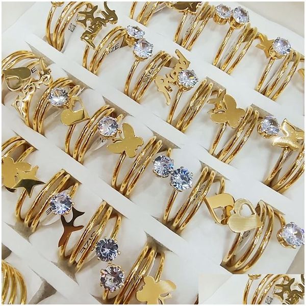Anel solitário 30 peças lote elegante em forma de coração amor borboleta com strass espiral de aço inoxidável banhado a ouro feminino jewe ot5wb
