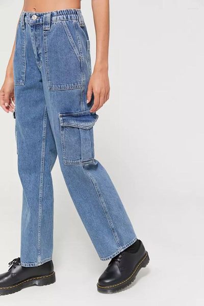 Frauen Jeans Frauen Denim Streetwear Koreanischen Stil Hosen Hohe Taille Cargo Hosen 2023 Blaue Tasche Gerade Casual