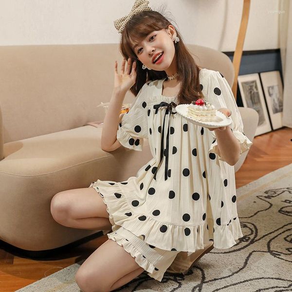 Damen-Nachtwäsche, süßes Schleife-Mädchen-Pyjama-Set, Sommer, koreanisches Kurzarm-Oberteil, Shorts, Rüschen, Nachtwäsche, Polka-Dot-Druck