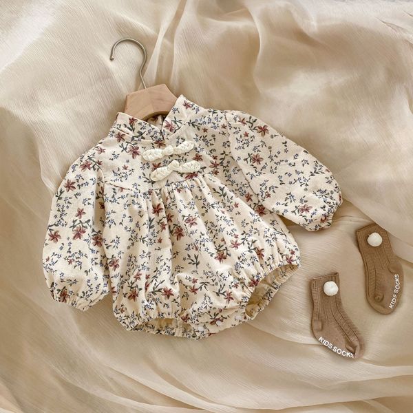 Macacão floral outono roupas de bebê da criança meninas doce bodysuits manga longa cheongsam floral impressão bodysuit roupas recém-nascidos 2574