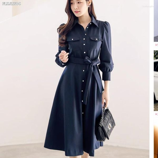 Casual Kleider Chic Koreanische Kleidung Design Feminine Vestidos Frauen Elegante Büro Dame Einreiher Taste Lange Retro Vintage Hemd Kleid