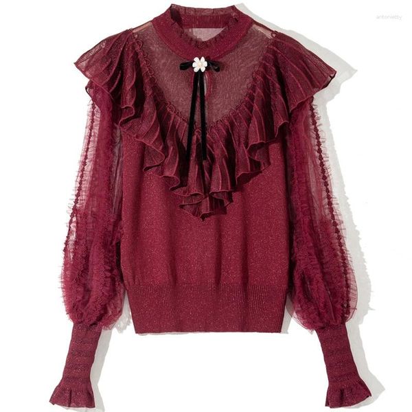 Maglioni da donna di alta qualità 2023 Primavera Estate Autunno Pullover da donna Lurex Filato per maglieria Fiore Rosso Nero Bianco Maglione Top