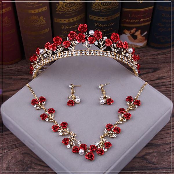 Rosa flor vermelha casamento tiara de noiva strass cabeça peças cristal nupcial headbands acessórios para o cabelo festa à noite vestidos de noiva 2413