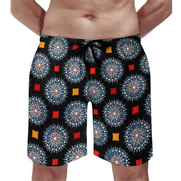 Shorts masculinos abstrato mandala placa verão colorido floral impressão bonito calças curtas homens correndo design seco rápido troncos de praia