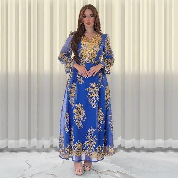 Abbigliamento etnico Abito Abaya 2023 Estate elegante donna musulmana manica lunga scollo a V poliestere paillettes verde giallo blu